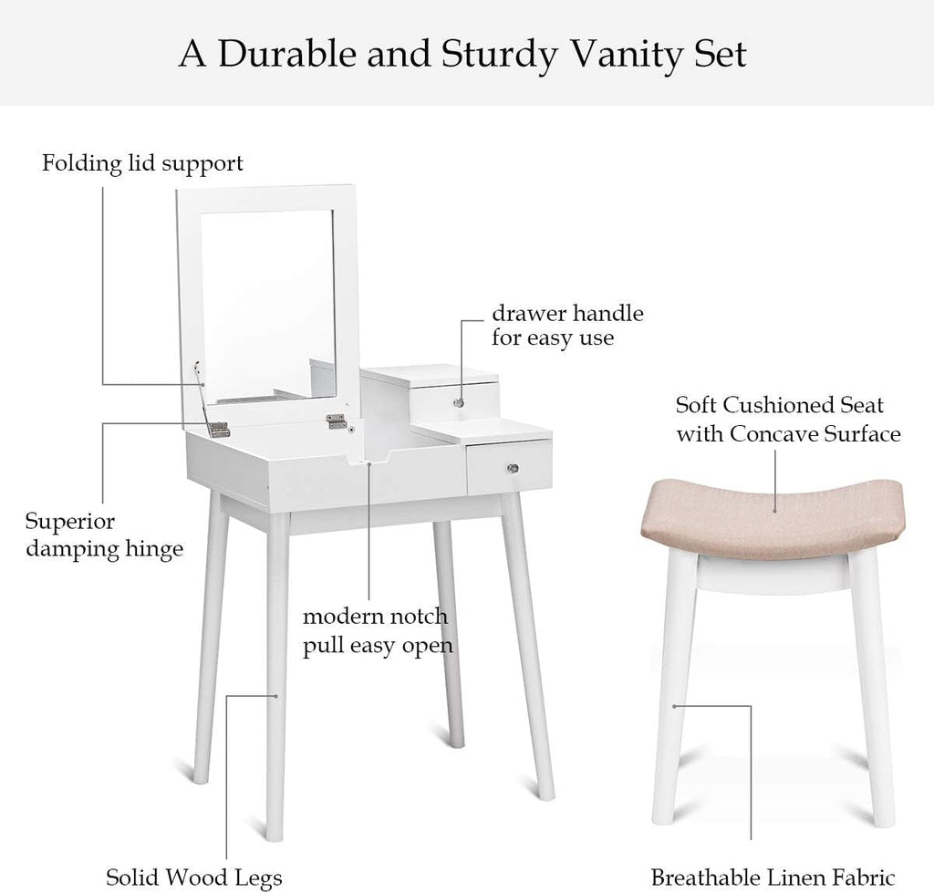 White Luxury Vanity Table Set With Magnified Mirror