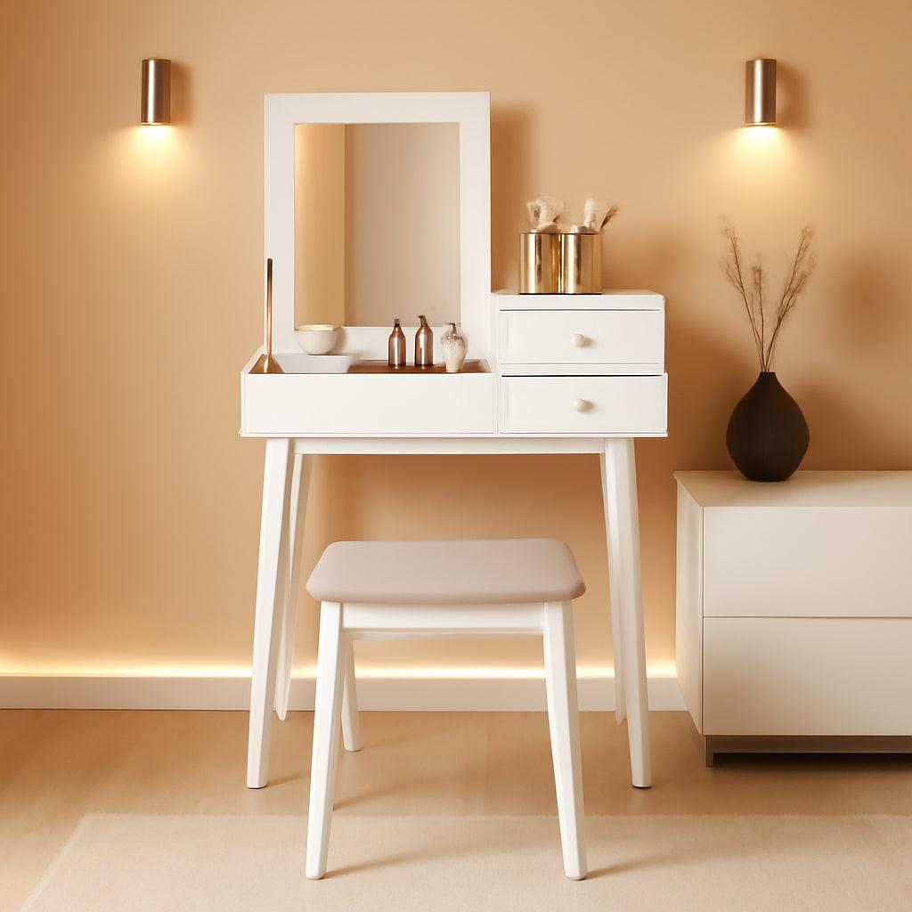 White Luxury Vanity Table Set With Magnified Mirror